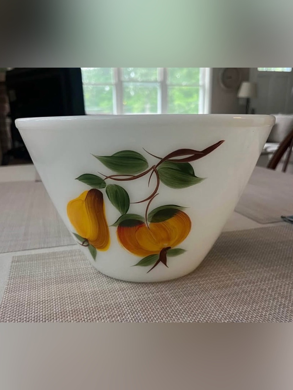 Fire King White Ceramic Bowl with Hand-Painted Fruit and Green Leaves